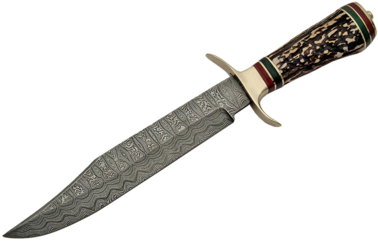 Grand poignard couteau 36,5cm DAMAS - Damascus corne laiton..