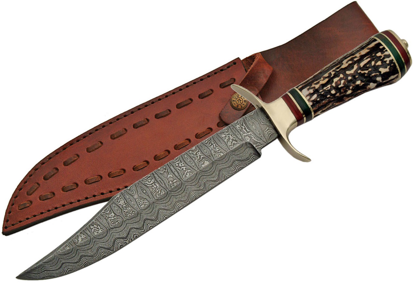 Grand poignard couteau 36,5cm DAMAS - Damascus corne laiton