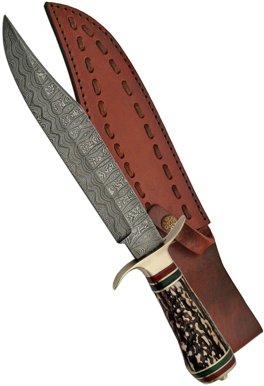 Grand poignard couteau 36,5cm DAMAS - Damascus corne laiton.