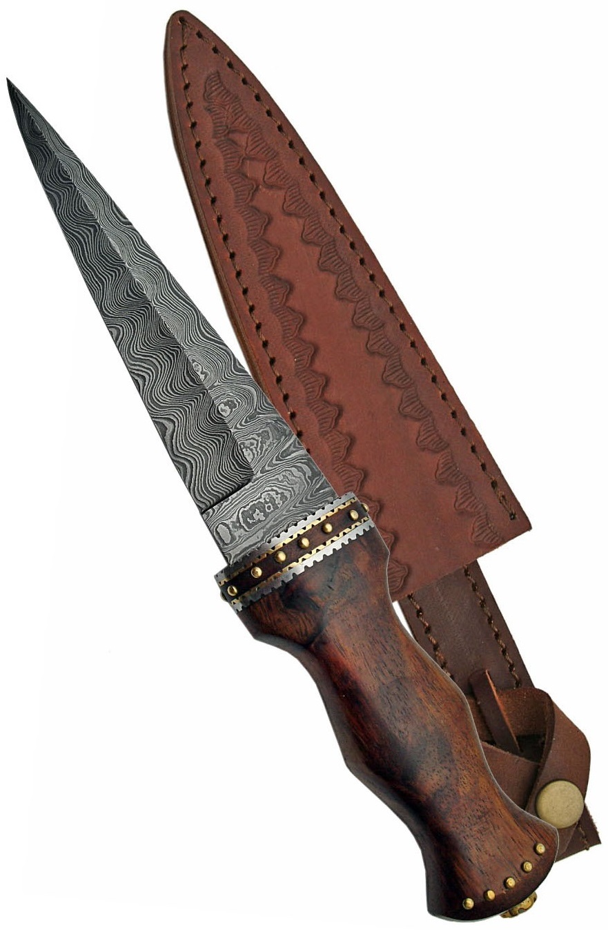 Poignard dague 33cm lame DAMAS - Couteau bois et laiton - Copie