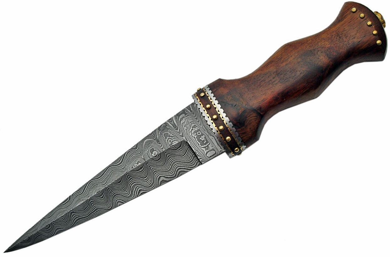 Poignard dague 33cm lame DAMAS - Couteau bois et laiton.