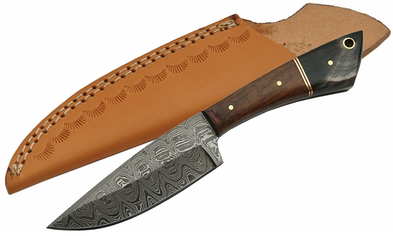 Poignard couteau 20,5cm lame DAMAS - Laiton, bois et corne