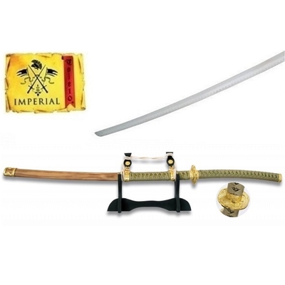 Katana tranchant 102cm arme laiton design + socle bois