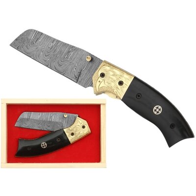 Coffret couteau 20cm corne laiton lame Damas