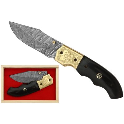 Coffret couteau 21cm corne laiton lame Damas