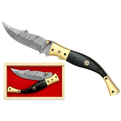 Coffret couteau 24,5cm corne laiton lame Damas
