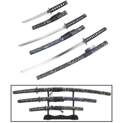 Lot 3 katanas design sabre japonais + socle Katana bleu