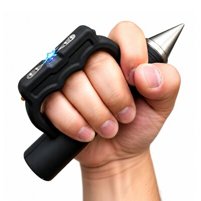 Poing électrique taser kubotan avec pointe métallique, électrodes électriques et prise en main ergonomique