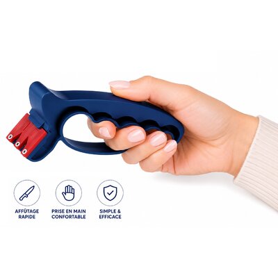 Affûteur de couteaux manuel ergonomique bleu à 3 fentes avec prise en main confortable pour aiguisage rapide des couteaux de cuisine