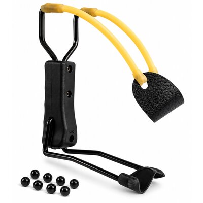 Lance-pierre compact avec poignée ergonomique, doubles élastiques jaunes et 8 billes ABS noires.