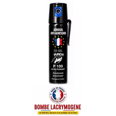 Bombe lacrymogène gel CS P100 ultra puissant avec système de sécurité fabriquée en France