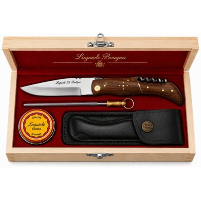 Coffret couteau Laguiole Le Rustique manche bois avec étui cuir et fusil d'affûtage