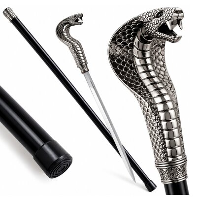 Canne épée cobra de collection avec fourreau noir, lame en acier et poignée serpent argentée