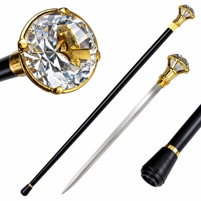 Canne épée facettée dorée luxe 94 cm avec lame intégrée en acier et pommeau facetté élégant.