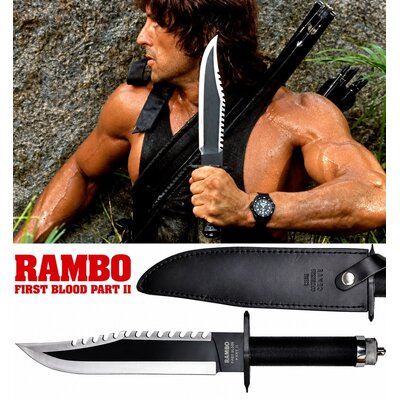 Couteau Rambo First Blood Part II avec étui en cuir noir et lame de survie inspirée du film culte
