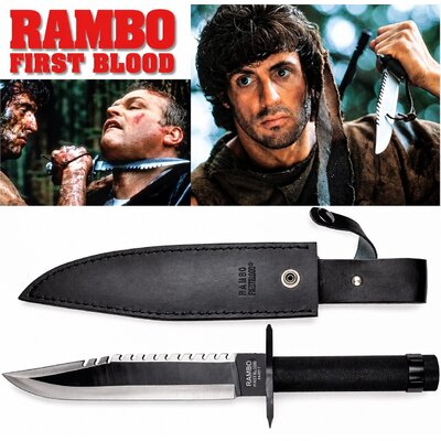 Couteau de survie Rambo First Blood avec fourreau en cuir noir et lame dentée inspirée du film culte John Rambo.
