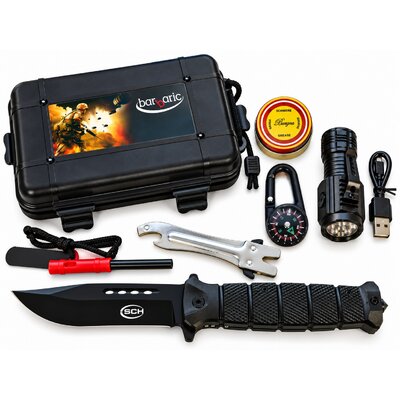 Kit de survie tactique complet avec couteau, lampe, boussole et accessoires