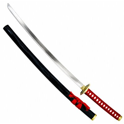 Katana décoratif Dragon Katana avec lame argentée de 64,5 cm, manche rouge et fourreau en bois vernis noir.