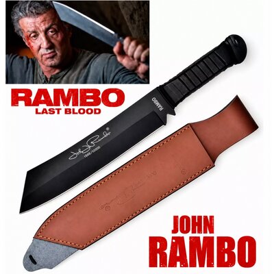 Couteau Rambo IV 42,5 cm en édition limitée avec étui en cuir et visuel John Rambo Last Blood.