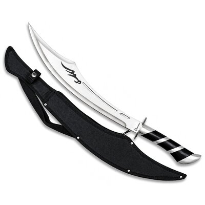 Machette sabre design Albainox 62,5 cm avec manche noir et argent, accompagnée de son étui de transport.