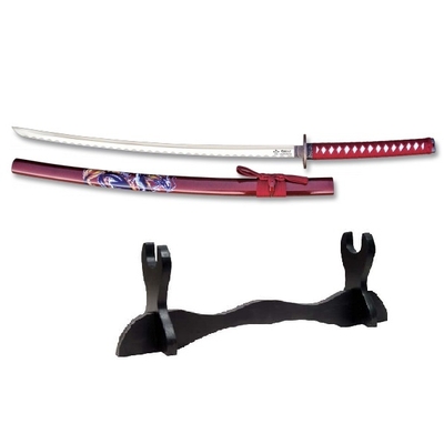 Katana red Dragon 102cm + socle bois déco