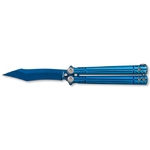 Couteau papillon balisong acier recouvert de titane bleu.