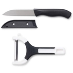 Lot inox couteau de cuisine et éplucheur noir.