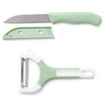 Lot inox couteau de table cuisine et éplucheur vert.