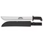 Grande machette Amazonas avec lame de coupe dentée, manche antidérapant et étui noir pour activités outdoor et débroussaillage
