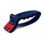 Affûteur de couteaux manuel bleu avec système daffûtage à trois étapes et poignée ergonomique pour entretenir les couteaux de cuisine