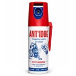 Bombe lacrymogène anti-chien gel poivre 50 ml ANTIDOG sur fond blanc avec clip de sécurité rouge