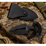 Étui en cuir et couteau push dagger Albainox noir en mise en situation outdoor sur rocher