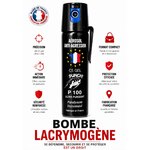 Bombe lacrymogène gel CS P100 75 ml fabrication française, aérosol anti-agression compact avec jet en gel ciblé.