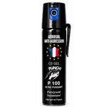 Bombe lacrymogène gel CS P100 75 ml fabrication française, aérosol anti-agression noir avec clip de ceinture et jet ciblé.