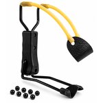 Lance-pierre compact avec poignée ergonomique, doubles élastiques jaunes et 8 billes ABS noires.