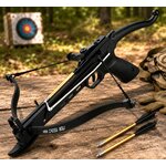 Arbalète pistolet 80 lbs noire avec flèches en aluminium sur table en bois en extérieur – mini arbalète de tir de précision