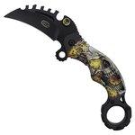 Karambit pliant SCK manche motif crâne acier inoxydable lame noire ouverte