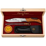 Coffret Laguiole Bougna haut de gamme avec couteau pliant manche bois clair, tire bouchon sommelier, fusil affûtage, étui noir et graisse entretien.