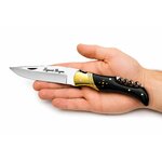 Couteau Laguiole Bougna manche en corne noire avec mitres dorées et tire-bouchon intégré