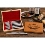 Coffret Laguiole 6 couteaux de table inox prestige avec coffret en bois, lames en acier inoxydable et présentation gastronomique haut de gamme.