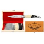 Coffret Laguiole Bougna 6 couteaux de table inox avec coffret en bois, lames en acier inoxydable et manches noir et ivoire.