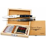 Coffret Laguiole Bougna 6 couteaux apéritif prestige avec manches en laiton et bois coloré, présenté dans un coffret en bois de luxe.