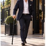 Canne épée maçonnique noire et or portée par un homme en costume élégant