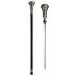 Canne épée Gentleman Luxe de 93 cm présentée fermée et ouverte avec lame en acier inoxydable sur fond blanc.