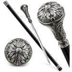 Canne épée Gentleman Luxe noire avec poignée argentée finement gravée, lame en acier inoxydable apparente et détails décoratifs de la poignée