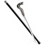 Canne épée cobra argentée avec lame en acier inoxydable déployée, poignée serpent détaillée et fourreau noir