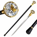 Canne épée facettée dorée luxe 94 cm avec lame intégrée en acier et pommeau facetté élégant.