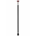 Canne épée rouge facettée de luxe sur fond blanc, bâton de marche élégant avec pommeau rouge style pierre précieuse.