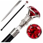 Canne épée luxe rouge facettée avec lame dissimulée, vue d'ensemble du pommeau rouge et des détails métalliques argentés.