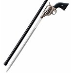 Canne épée revolver avec lame dégainée en acier inoxydable, fourreau noir et poignée décorative style western.